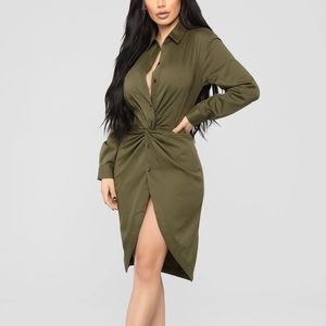 Fashionnova Knot Available Olive Green Tunic Shirt Dress Large Long Sleeve
